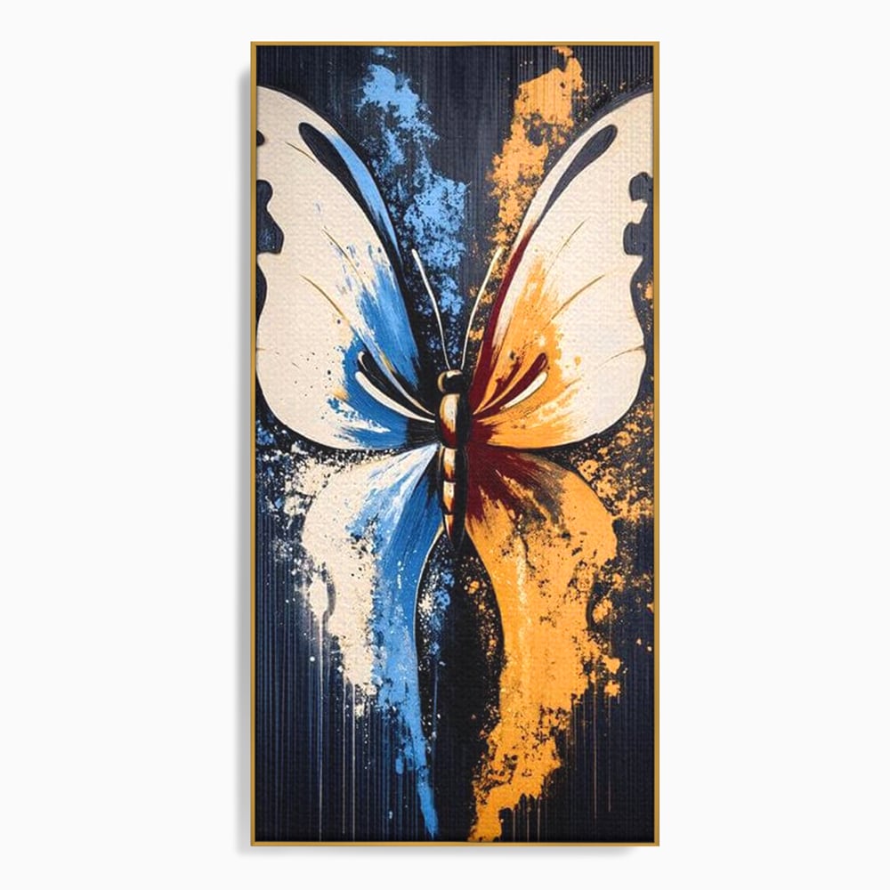 Tablou canvas cu tablou canvas cu fluture simetric, in rama de aluminiu auriu